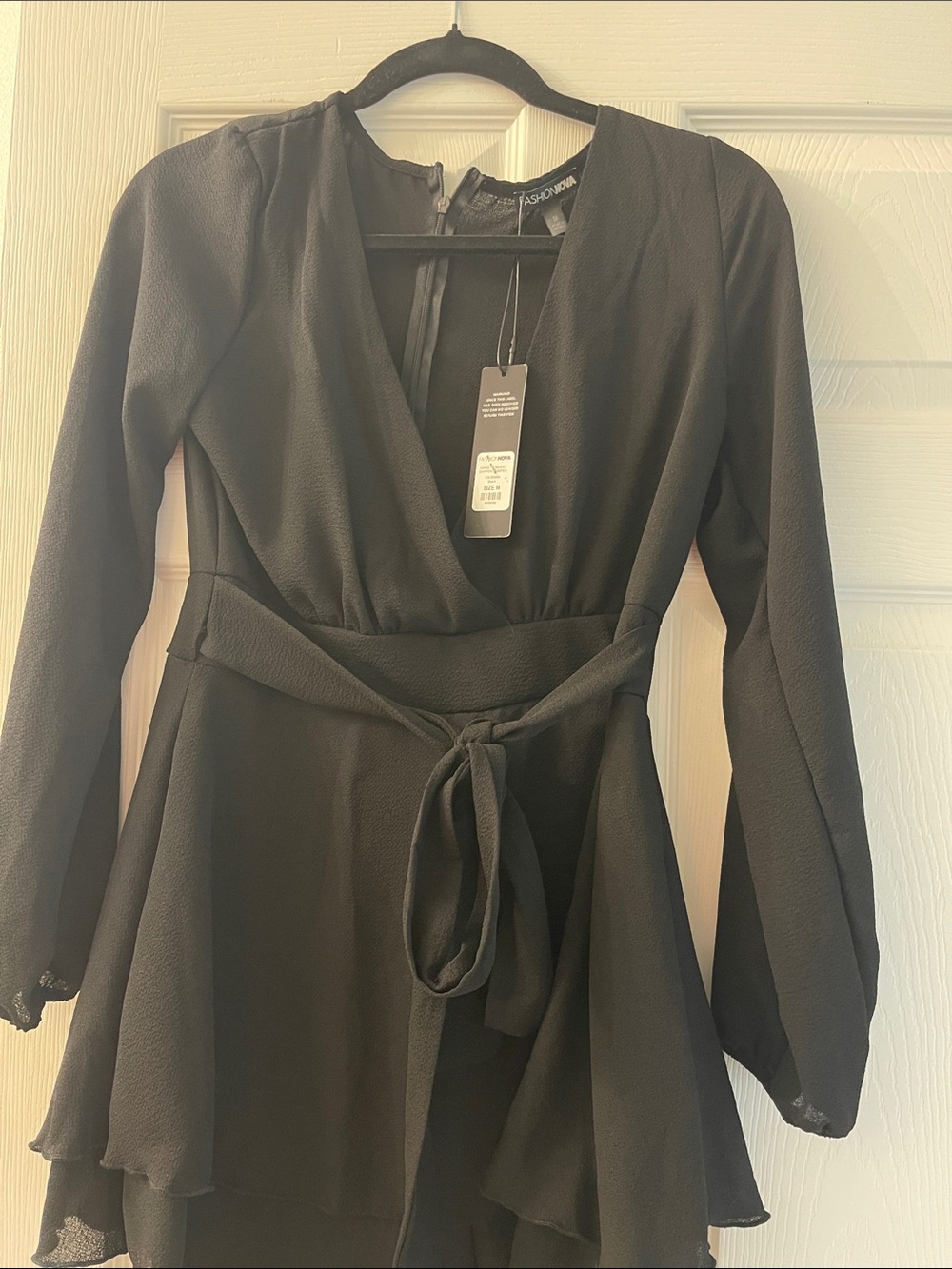 Fashion Nova Black Long-Sleeve Tie-Waist Wrap Dress
